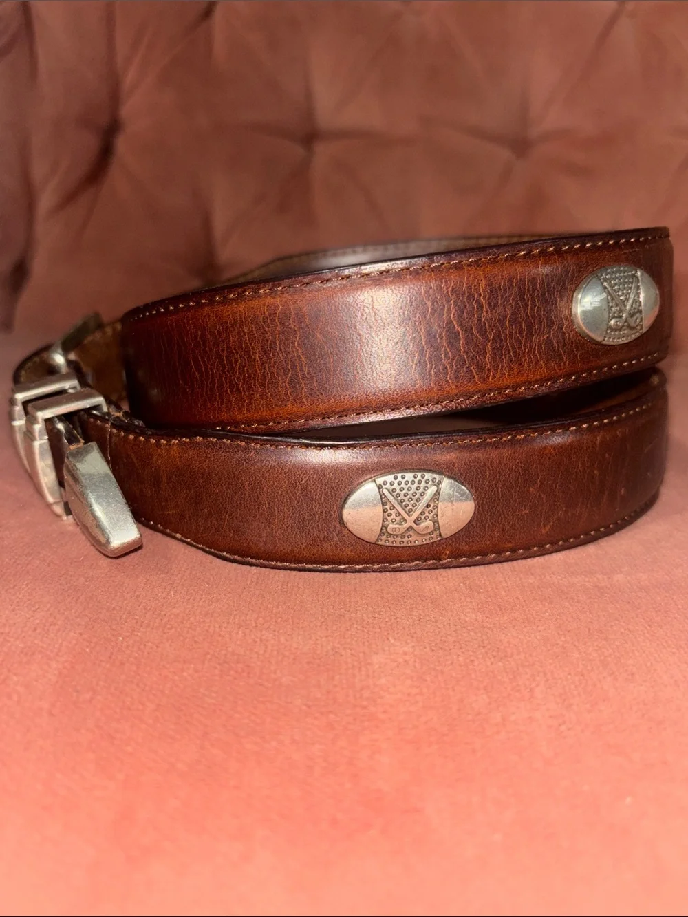 Vintage Danbury brown leather belt golf club concho preppy silver buckle belt